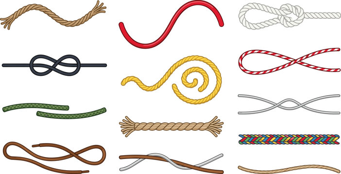 Rope Knots and Decorative Cord Lines Vector Set with Marine Ties, Colorful Swirls, and Twisted Cables for Sailing, Climbing, and Border Design Elements