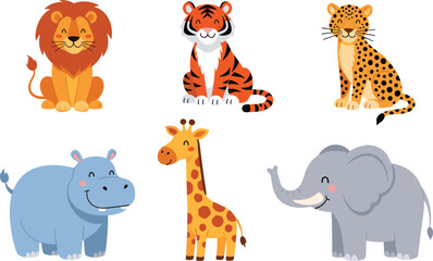 Obraz premium Cute Safari Animal Character Set with Happy Lion Tiger Leopard Hippo Giraffe and Elephant for Kids Nursery Decor Stickers and Childrens Birthday Greeting Card Designs