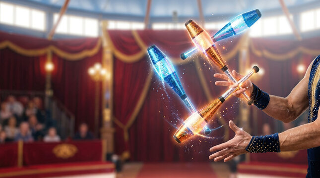 Juggler Performing with Colorful Props in a Vibrant Circus Setting for Event Promotion, Entertainment Blogs, Celebration Ideas, and Creative Projects