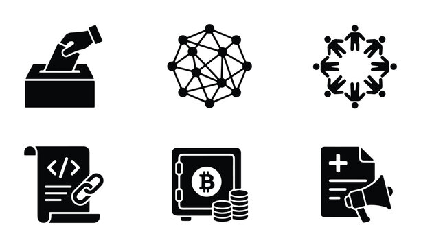 Set of 6 business and technology icons vector, including voting, network, community, code, bitcoin, and healthcare symbols