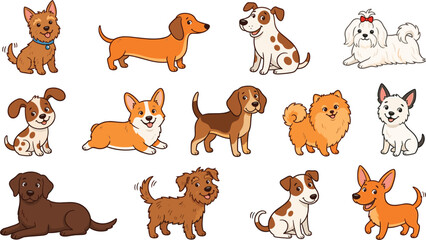 Obraz premium Cute Cartoon Dog Breeds Vector Character Collection Featuring Happy Corgi Dachshund Beagle Pomeranian Chihuahua Retriever and Poodle Illustrations for Pet Lovers and Kids