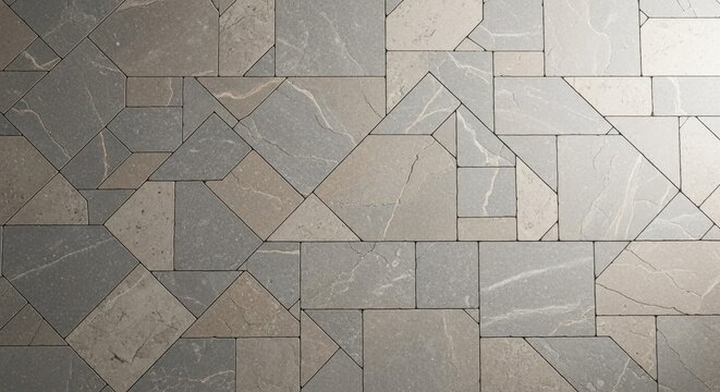 Geometric pattern created by interlocking stone pavers in shades of gray and beige, providing a durable, modern outdoor floor texture, sidewalk, material, gray