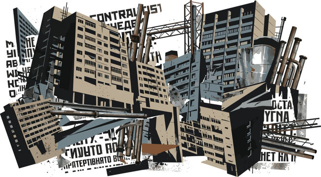 Brutalist urban collapse vector illustration with deconstructed megacity architecture industrial chaos and dystopian propaganda collage concepts