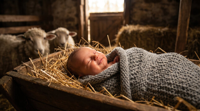 Newborn jesus in manger peaceful holy night scene with sleeping baby and sheep in darkness