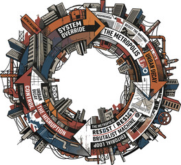 Naklejka premium Circular brutalist megacity vector illustration with dystopian propaganda systems underground resistance and cyberpunk urban loop concepts