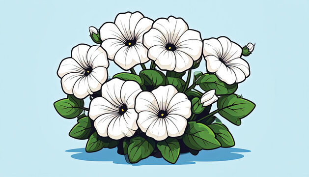 White Petunias Flowering Plant Closeup View.