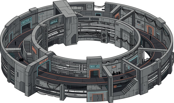 Circular futuristic megastructure vector illustration with cyberpunk industrial architecture modular ring infrastructure and sci fi urban system concepts