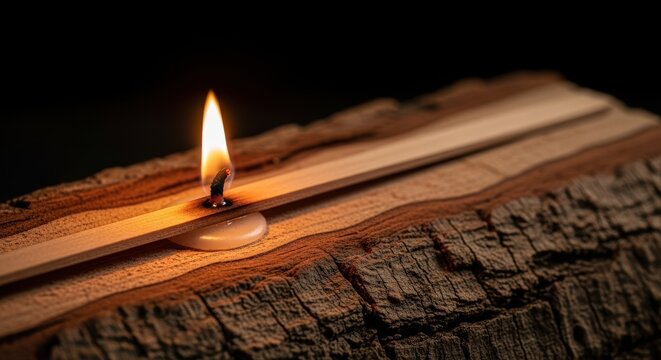 A burning wooden wick candle sits peacefully on a natural, rough surface, emphasizing relaxation, warm illumination, and rustic home decor, peaceful, light, object