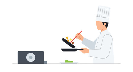 Fototapeta premium Chef cooking in a pan with chopsticks, professional culinary preparation