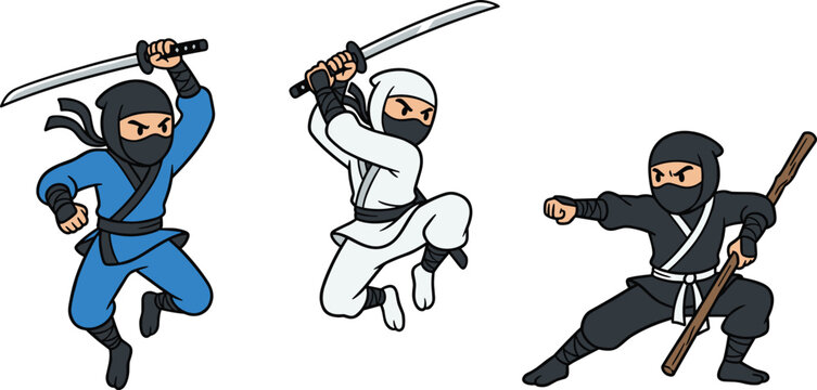 Cute cartoon ninja warriors vector set with katana swords and bo staff