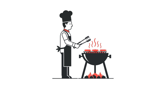 Chef grilling sausages and burgers on a barbecue grill, flat illustration