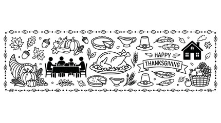 Hand Drawn Thanksgiving Doodle Illustration Set with Turkey and Family Dinner. ©  Tika Qiyam