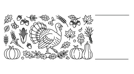 Hand drawn thanksgiving turkey with autumn harvest elements outline illustration. ©  Tika Qiyam