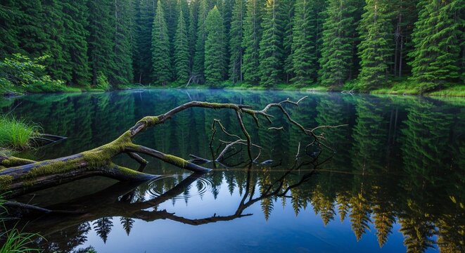A mossy fallen tree branch reflecting perfectly in the still, crystal-clear blue water of a deep forest lake surrounded by tall pine trees.