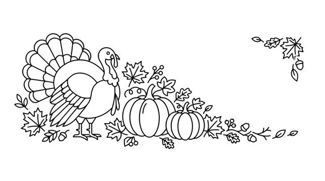 Hand drawn thanksgiving turkey with pumpkins and autumn leaves corner border.