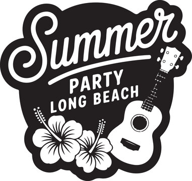Vintage summer party badge for long beach music event with acoustic guitar and hibiscus flowers in monochromatic black colors.
