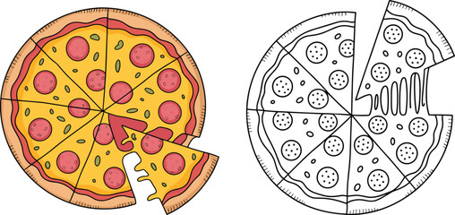 Naklejka premium Pizza illustration colored and outline version, vector artwork of food design elements with cheese, pepperoni, and restaurant menu concept
