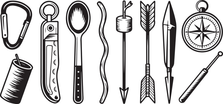 Camping gear set icons featuring carabiner folding knife spoon walking stick arrow spear and nautical navigation compass tool.