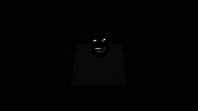 Abstract black cube with glowing white eyes and smiling mouth on black background