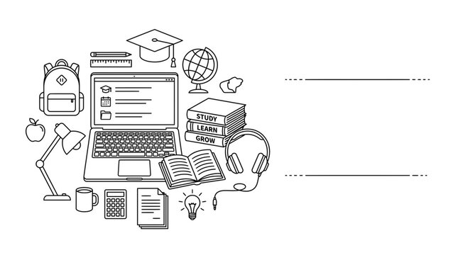 Hand drawn doodle set of education and elearning school supplies on white background.