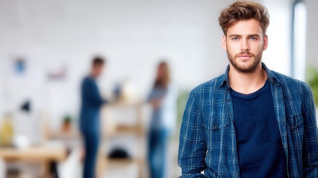 Casual male creative director posing confidently in a blurred open brick-wall studio with colleagues in the background.