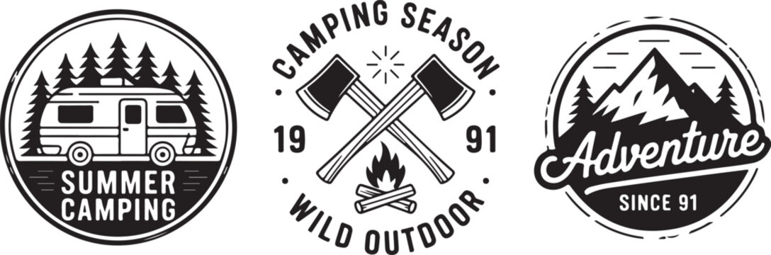 Set of adventure camping emblems and outdoor logos with caravan forest mountains axes campfire for vintage style badge printing.