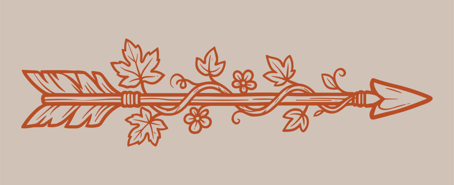 Ornate floral arrow with maple leaves and swirling vines in warm terracotta colored finish.