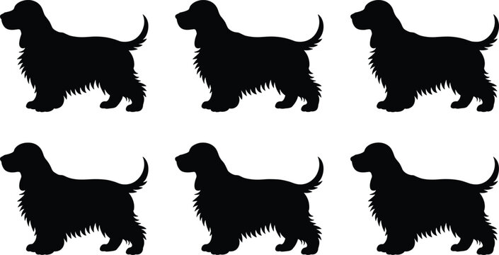 Dog silhouettes in spaniel breed style, vector illustration of pet animal artwork design elements for pattern and decoration