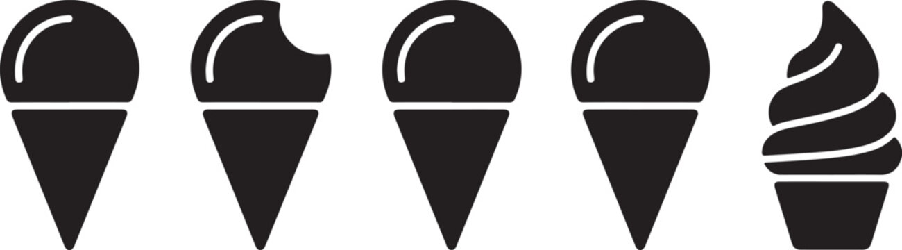 Set of black ice cream icons featuring different shapes like classic scoop cones with bite mark and soft serve swirl in simple style.