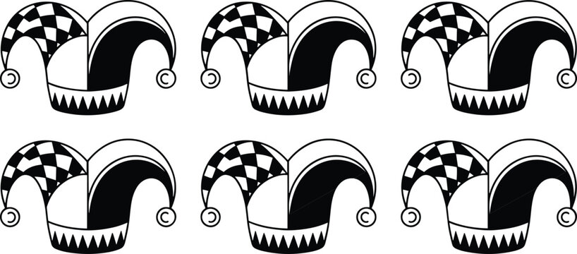 Jester hat silhouettes with checkered and zigzag patterns, vector illustration of medieval clown artwork design elements for performance