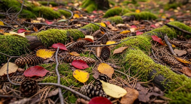 A ground-level view of a scenic autumn forest floor filled with bright yellow and red leaves, fallen pine cones, and thick green moss growing over old tree roots.