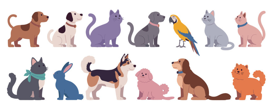 Set of flat featuring various domestic pets including dogs cats a rabbit and a colorful parrot arranged in two rows against a plain white background with simple shapes and colors