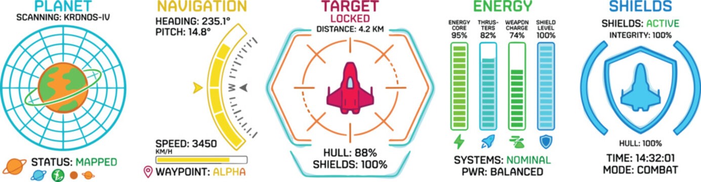 Minimal sci fi spacecraft HUD vector interface with planet scanning navigation targeting systems and futuristic energy shield dashboard concepts
