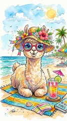 Obraz premium Watercolor alpaca on beach vacation, cute llama wearing sun hat and sunglasses, tropical summer holiday illustration with cocktail isolated on White Background