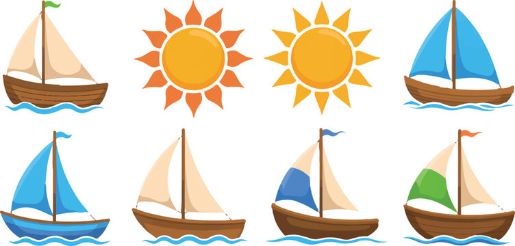 Bright summer theme pack featuring wooden sailboats and shining sun icons isolated on checkered background for decorative projects.