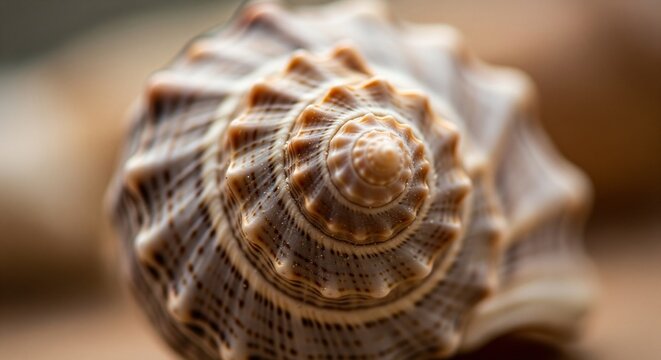 A sharp macro shot looking directly down at the perfect spiral apex of a brown and white sea shell with a blurred background