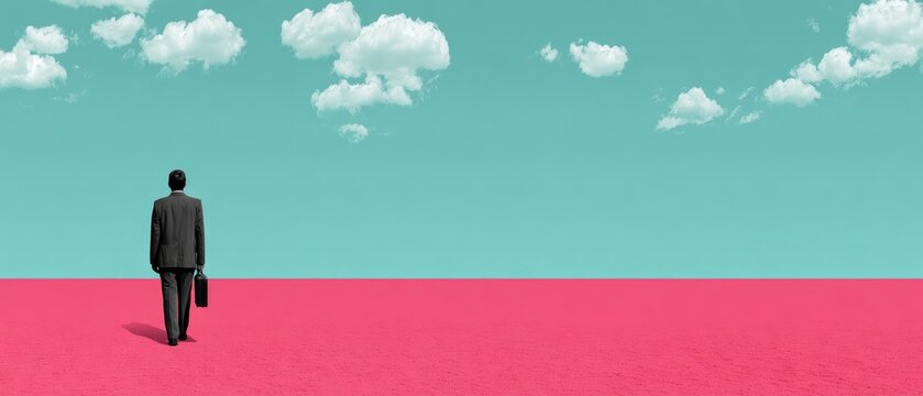 Conceptual Business Journey: Solitary Man Walking Toward Sky in Vibrant Surreal Landscape