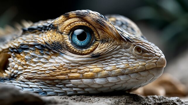 Close-up view of a lizard with detailed scales and bright blue eye resting on a rock during daylight