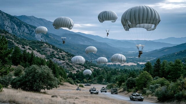 Military parachutists land in mountainous area during training exercise in the early morning light