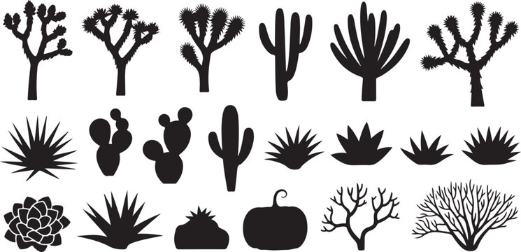 Desert flora silhouettes featuring cactus succulents joshua trees and agave plants for southwest landscape scenery elements set.
