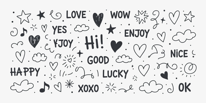 Hand drawn doodle set with black ink words and symbols including hearts stars clouds musical notes and swirls on a plain light grey background for scrapbooking and journaling