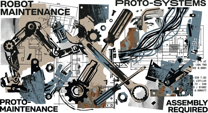 Proto maintenance robotics vector illustration with industrial assembly systems mechanical repair workflow and abstract cyber engineering concepts