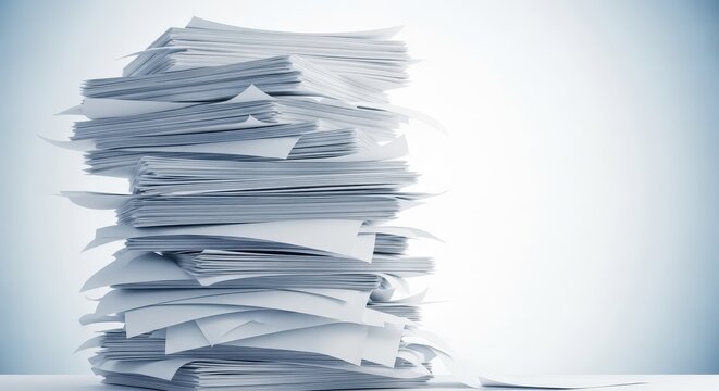 An overwhelming, disorganized pile of white paper documents overflowing a desk, symbolizing bureaucracy, heavy workload, and administrative chaos, office, volume, wood