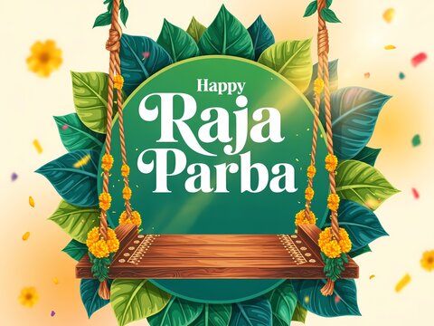 Happy raja parba festival greeting card with traditional wooden swing decorated with marigold flowers and green leaves