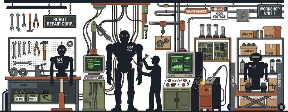 Retro robot manufacturing workshop vector illustration with industrial robotics engineering repair stations and futuristic factory automation concepts
