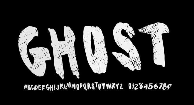Handwritten brush sans serif font in grunge style. Letters and numbers with rough texture for emblem and t-shirt design. White print on black background