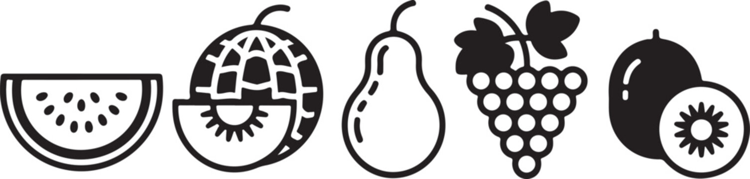 Set of fresh fruits including watermelon slice melon pear grape and kiwi in simple bold line art style for food icons menu.