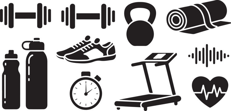 Fitness gym equipment icons set including dumbbells kettlebell yoga mat sneakers bottle stopwatch treadmill and heart monitor.
