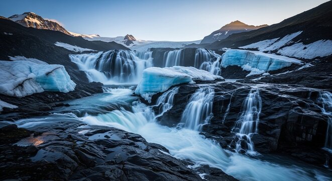 A powerful rushing waterfall splitting around large chunks of bright blue glacier ice sitting on dark rocks, with sunlit mountain peaks visible under a clear blue morning sky.