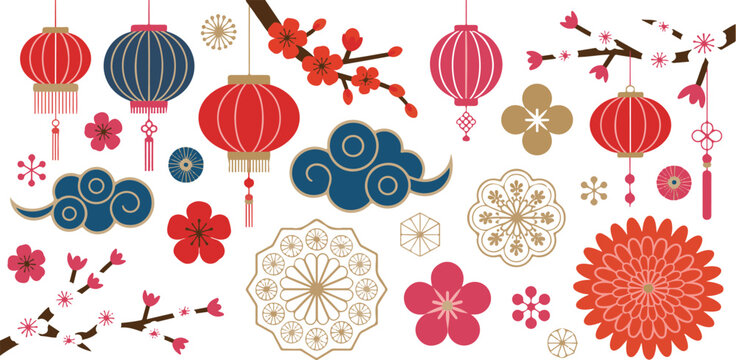 Traditional lunar new year decorative elements with hanging paper lanterns blooming cherry blossom branches ornate symbols.